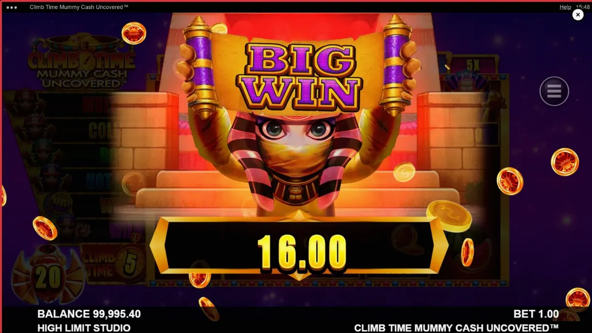 Tampilan visual slot Climb Time Mummy Cash Uncovered dengan tema Mesir Kuno